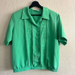 Vintage Haband Green Short Sleeve Blouse with Embroidered Logo